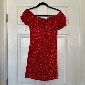 Bright red, flower pattern, peasant top mini dress